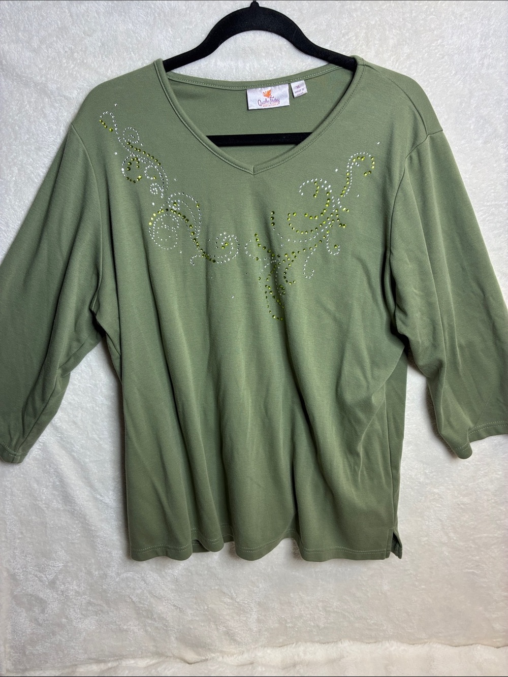 Quacker Factory Olive Green V-Neck Long Sleeve Top with Rhinestone Swirl